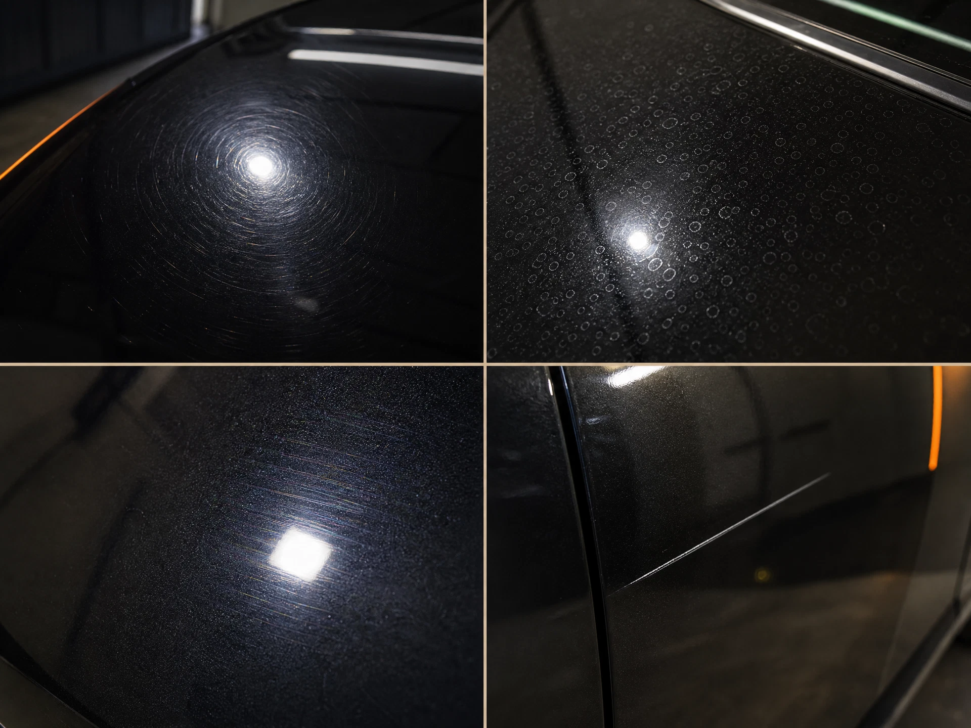 Bravada paint correction assessment visual showing swirl marks, water spots and etching, buffer trails, and deeper scratches
